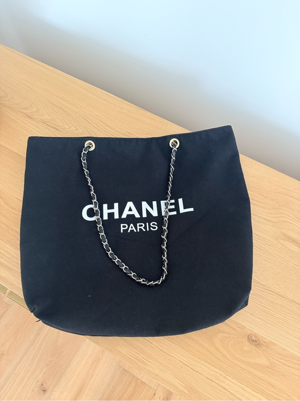 CHANEL Black Canvas Tote with Chain-Link Straps